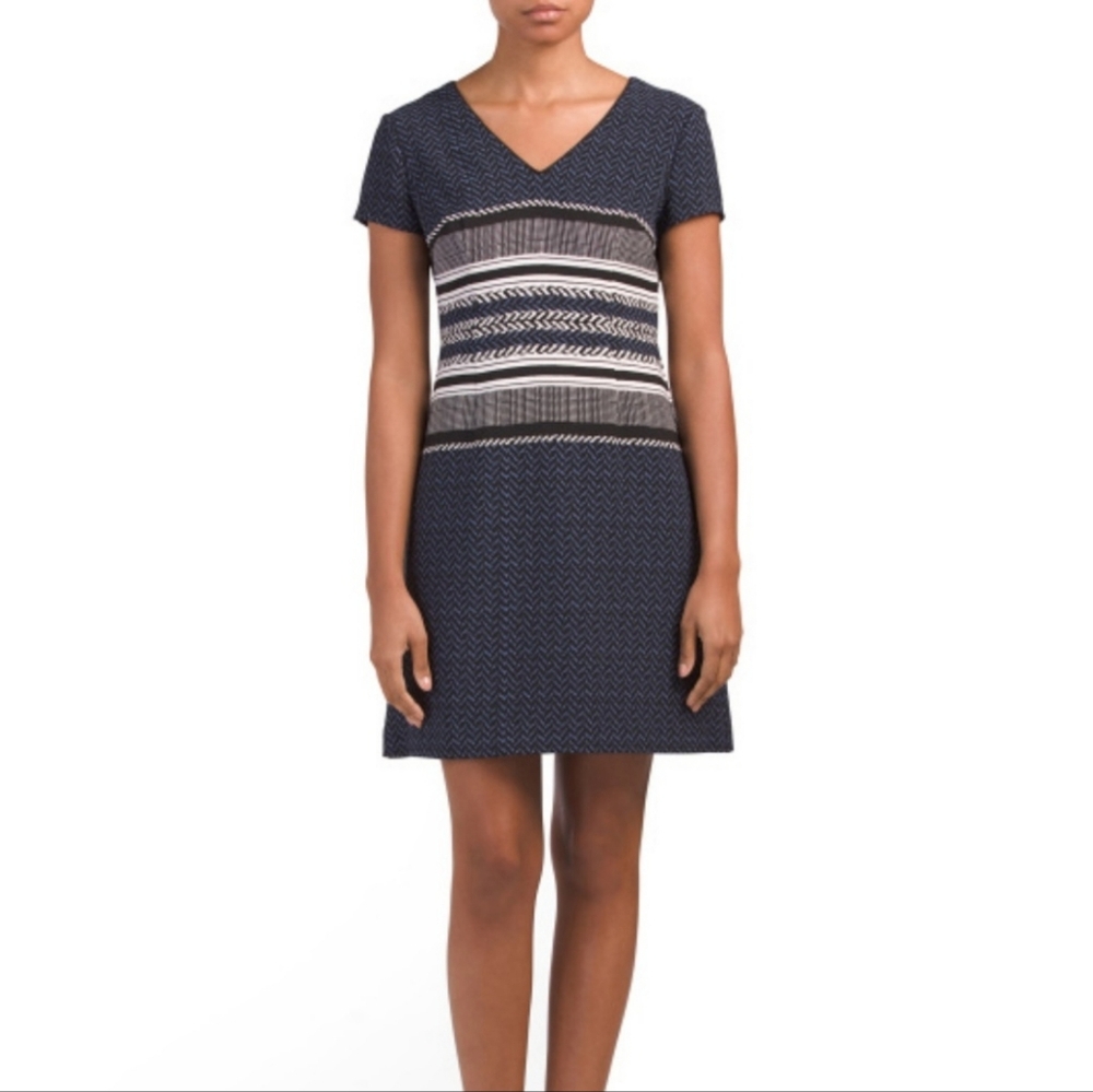 ADRIANNA PAPELL Capsule Sleeve‎ V Neck Blue Geometric Career Dress 18W